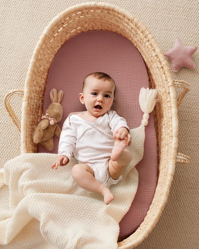 Blissful Diary Muslin Bassinet Sheets for Baby Girls Boys, Boho Soft Cotton Fitted for Oval Hourglass Rectangle Mattress, 2 Pack(Dusty Pink&Cream)