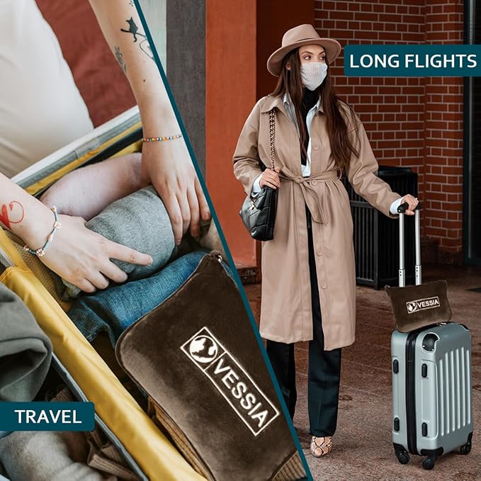 Vessia Travel Blanket for Airplane, Train and Car, Warm and Soft Travel Blanket in Bag for Adults and Kids, Portable Compact Long Flight Blanket with Luggage Sleeve, Backpack Clip(Brown)