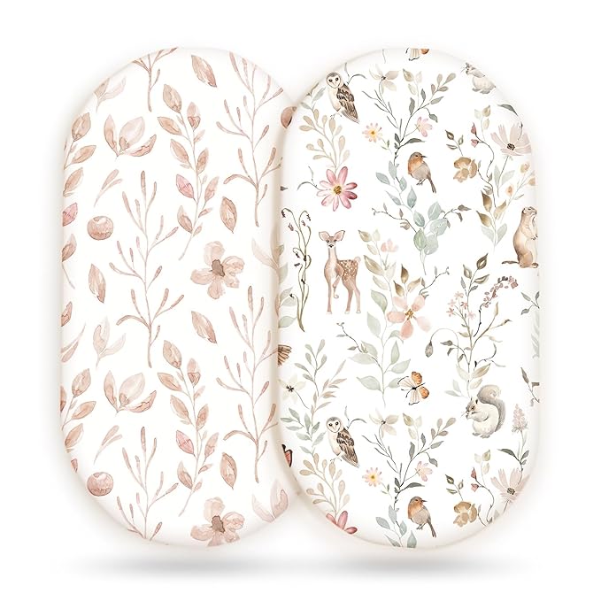 Stretchy Ultra Soft Fitted Bassinet Sheet Set 2 Pack, Universal Fit for Bassinets Baby Cradle Moses Basket Oval Rectangle Mattress Safe and Snug, Beautiful Blush Pink Floral and Cute Animals Print