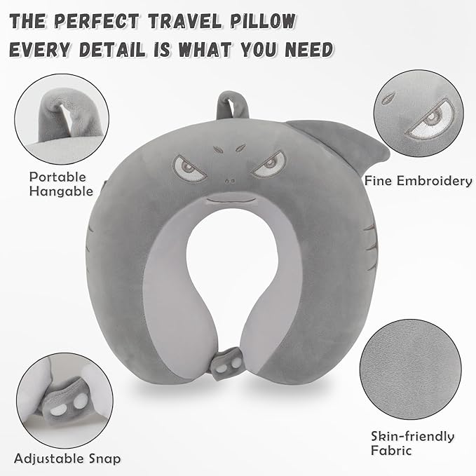 Travel Pillow, Kids Travel Pillow with Sleep Eye Mask Soft Memory Foam Kids Neck Pillow for Boys & Girls, Travel Accessories for Car Airplane Traveling - Shark