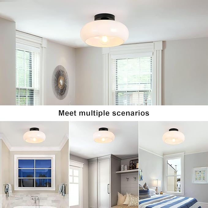 Mid-Century Modern Semi Flush Mount Ceiling Light, Metal Kitchen Light Fixture with Glass Shade,Vintage White and Black Colse to Ceiling Lamp for Entryway Hallway Bathroom (8.66 Inch)