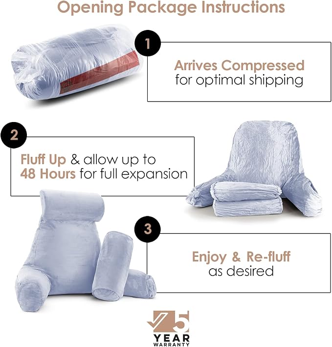 Nestl Reading Pillow Large Bed Pillow, Back Pillow for Sitting in Bed Shredded Memory Foam Chair Pillow, Reading & Bed Rest Pillows Ice Blue Back Pillow for Bed, Bed Chair Arm Pillow with Pockets