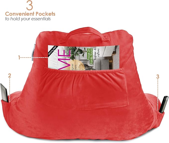 Nestl Reading Pillow for Kids, Small Bed Pillow, Back Pillow for Sitting in Bed, Memory Foam Chair Pillow, Reading & Bed Rest Pillows, Red Back Pillow for Bed, Arm Pillow with Pockets