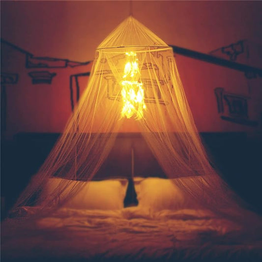 Bed Canopy with Double Circle White Feather Dream Catcher and 50 LED Fairy String Lights, Mosquito Net - Unique Style Dome Bed Netting Canopy Curtains Canopy - Suggested for Twin Full Queen King Bed