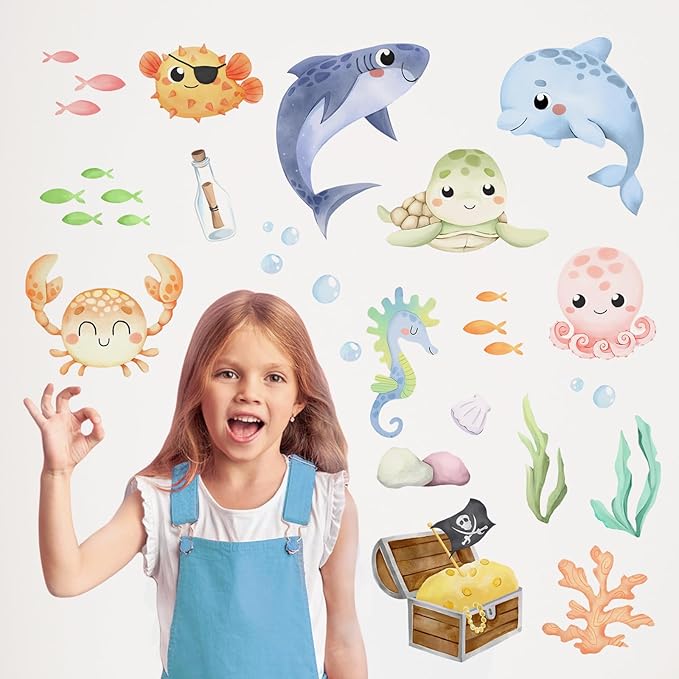 Mfault Under The Sea Ocean Creature Wall Decal Stickers, Coastal Shark Dolphin Octopus Crab Turtle Sea Horse Fish Nursery Decoration Bedroom Art, Marine Animal Treasure Beach Toddler Kids Room Decor