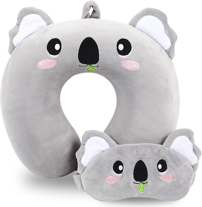 Travel Pillow, Kids Travel Pillow with Sleep Eye Mask Soft Memory Foam Kids Neck Pillow for Boys & Girls, Travel Accessories for Car Airplane Traveling - Koala