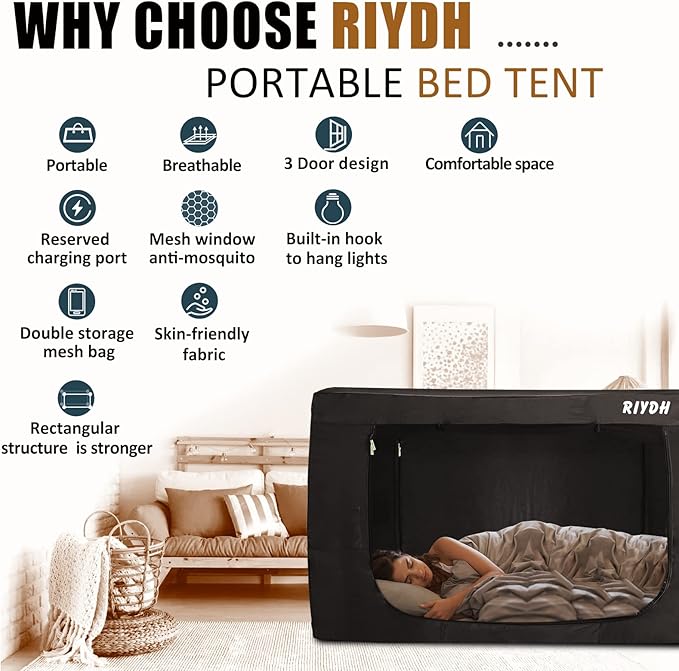 Bed Tent Twin Bed Canopy Tents for Adult - Portable Dream Tent Indoor Sleeping Tents 70% Blackout with 3 Doors Breathable Private Space Tents