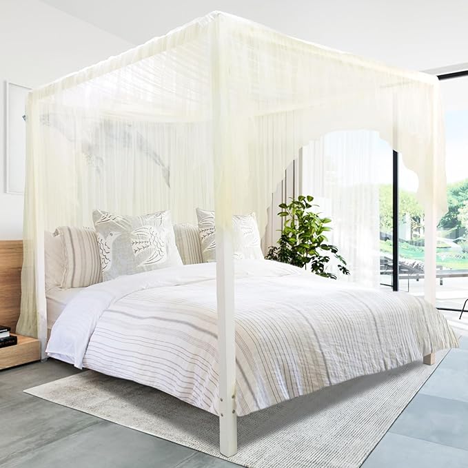 South to East Beige Canopy Bed Curtains, 4 Corner Post Bed Canopy, Top Elegant Bed Drapes for Bedroom Decor, 75D Polyester Mesh, Easy Install, Bed Curtain for King/Queen/Full Size