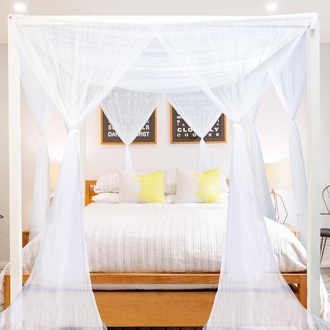 tupi White Canopy Bed Curtains for King/Queen Size Bed, 4 Corner Adult Bed Canopy, Ultra Elegant Bed Curtain Drapes Bedroom Decor, Stylish Polyester Netting Canopy, Easy Installation