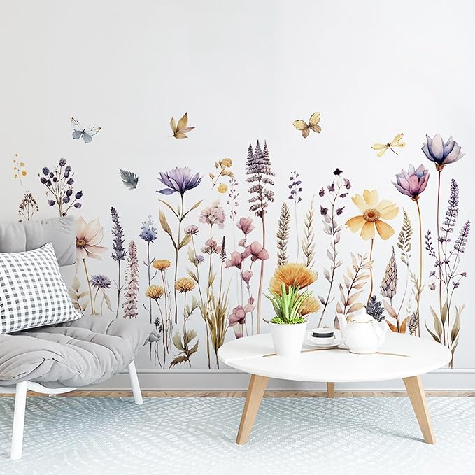 Garden Flower Wall Art Decals Pastel Flowers Wall Corner Stickers Floral Baseboard Skirting Line Corner Stickers for Girls Bedroom Living Room Kids Wall Decor