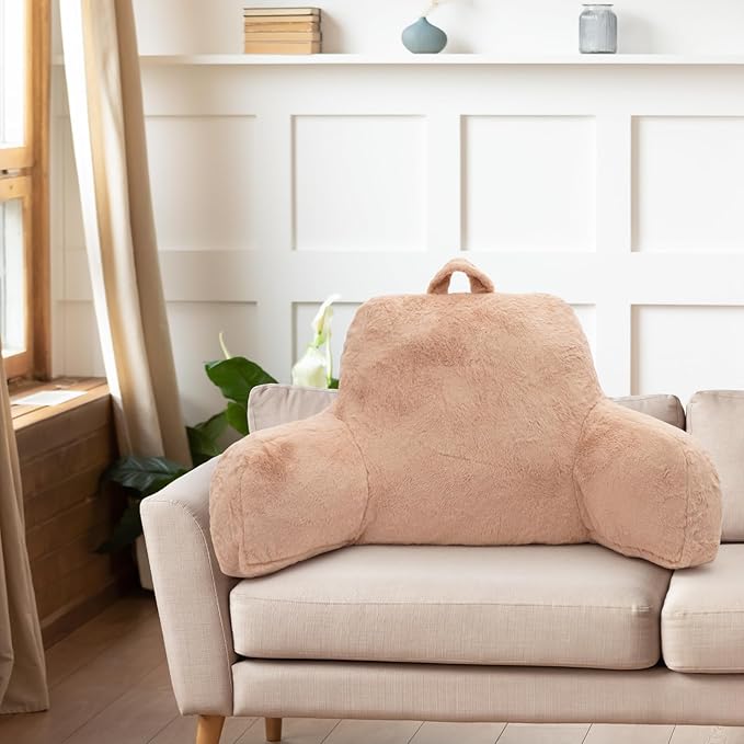 Reading Pillow for Sitting in Bed Adult, Standard Reading Pillow with Memory Foam, Back Pillow for Bed Sitting Up with Extend Arms, Bed Reading Pillow, Camel