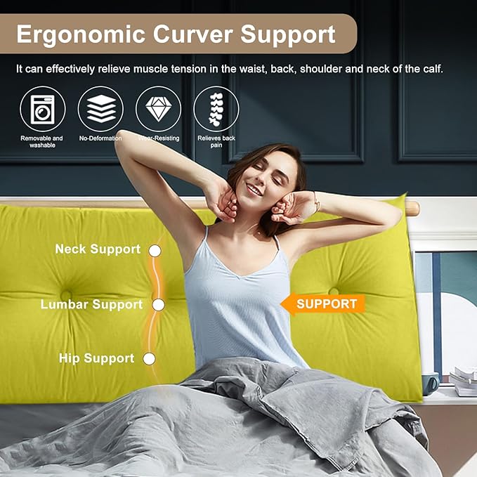 Large Triangular Headboard Pillows Long Backrest Positioning Support Bolster Cushion for Daybed Fluffy Quality Plush Body Wedge Pillow with Removable Cover(Yellow Green-Queen-59x8x20in)