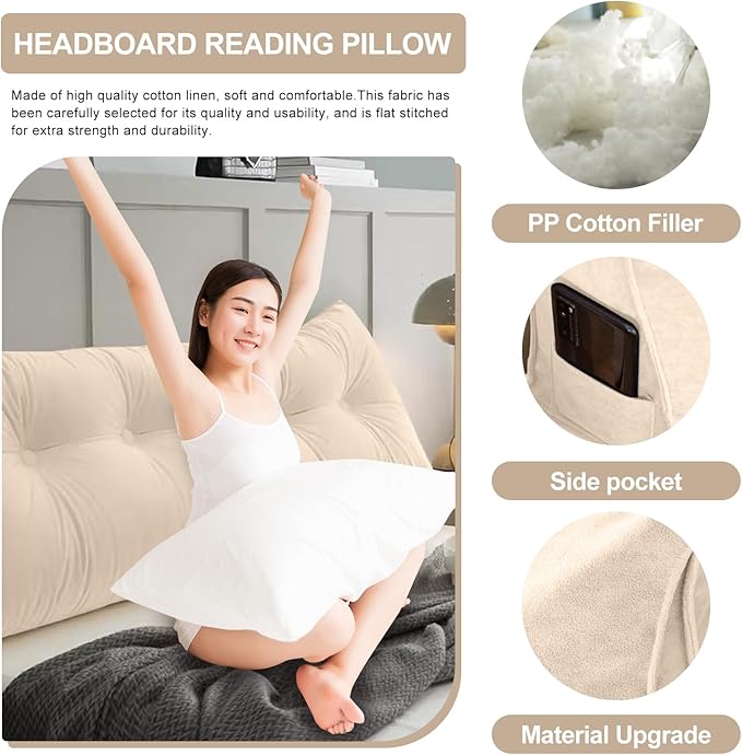 Large Triangular Headboard Pillows Long Backrest Positioning Support Bolster Cushion for Daybed Fluffy Quality Plush Body Wedge Pillow with Removable Cover(Beige-King-76x8x20in)
