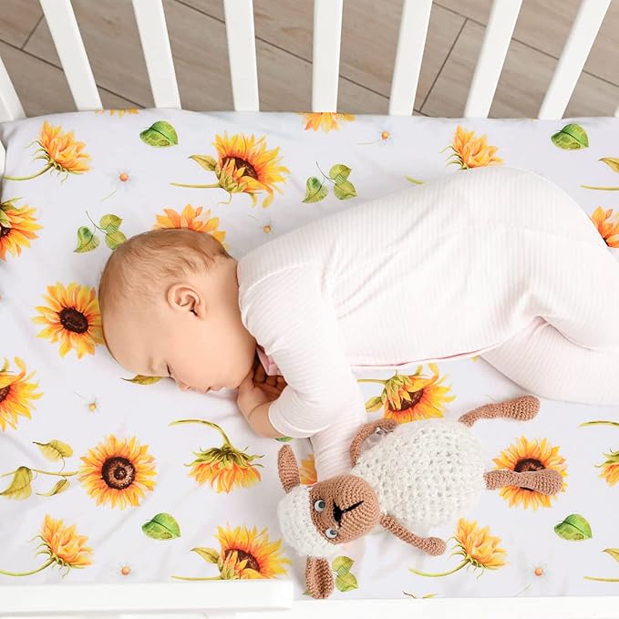JISEN Baby Crib Sheet 1 Piece Portable Fitted Crib Sheet for Standard Crib and Toddler Mattresses Nursery Bed Decor for Boys Girls 28x52 Inch Sunflowers
