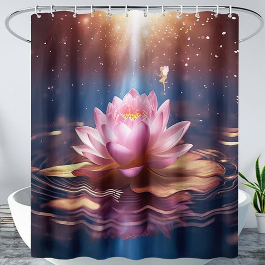 AILONEN Pink Flower Shower Curtain,Galaxy Floral Lotus Flower Bath Curtain,Polyester Waterproof for Bathroom with 12 Plastic Hooks 60" W*72" H