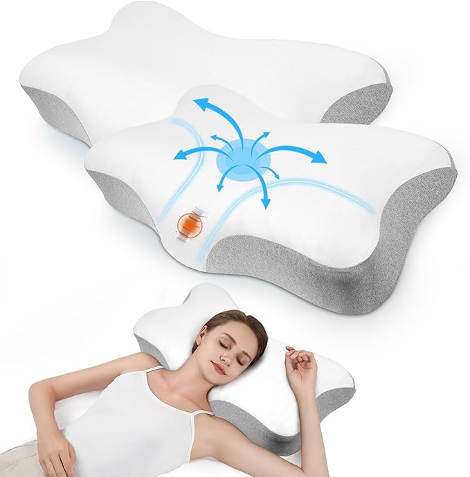 Cervical Pillow for Neck Pain Relief,Memory Foam Ergonomic Neck Support Pillow for Side Back&Stomach Sleepers with Pillowcase,Contour Best Bed Anti-Snoring Pillows for Sleeping-2Pack
