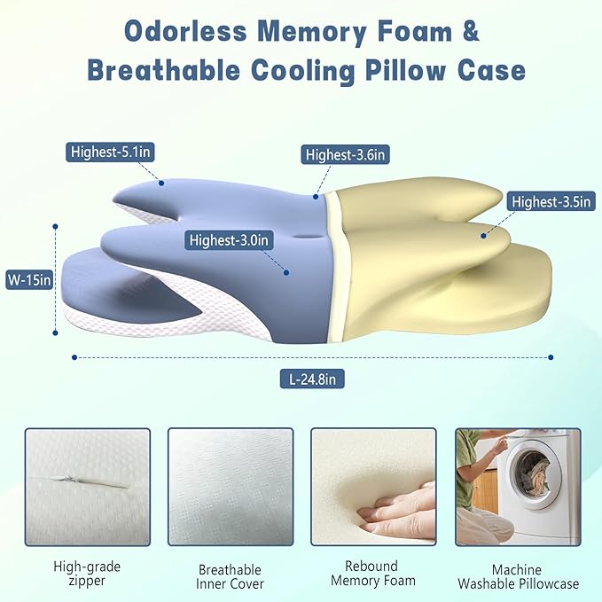 Cervical Pillow for Neck and Shoulder Pain Relief, Ergonomic Neck Pillow for Sleeping, Contour Memory Foam Cervical Pillow, Neck Pillow for Side Back Stomach Sleepers with Ice Silk Fabric (Blue)