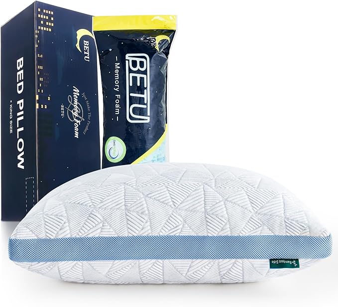 BETU Cooling King Pillow, Shredded Memory Foam Cool Pillow for Hot Sleepers, Adjustable Firm Soft Support Bed Pillows Perfect for Back Neck Pain and Side Sleeping with Pillow Case Cover, Blue