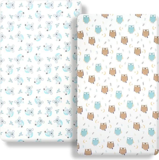 Pack n Play Sheet Fitted Sheet. 2 Piece Mini Crib Sheet Elastic Playard Sheet Set Portable Sheet Set Elastic Convertible Playard Pad. Compatible with Graco Pack n Play. (Owl and Tree Bag)