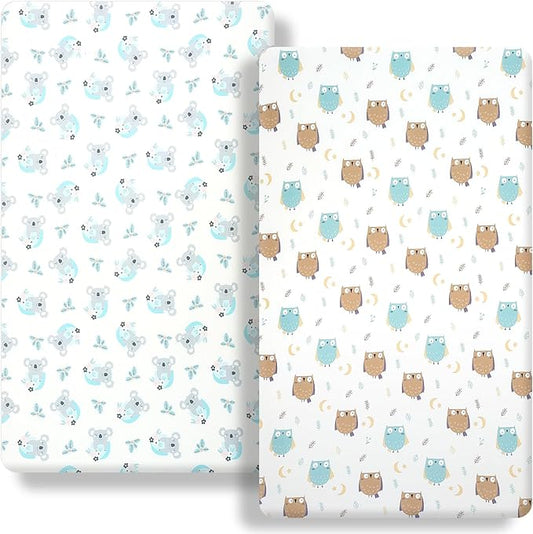 Pack n Play Sheet Fitted Sheet. 2 Piece Mini Crib Sheet Elastic Playard Sheet Set Portable Sheet Set Elastic Convertible Playard Pad. Compatible with Graco Pack n Play. (Owl and Tree Bag)
