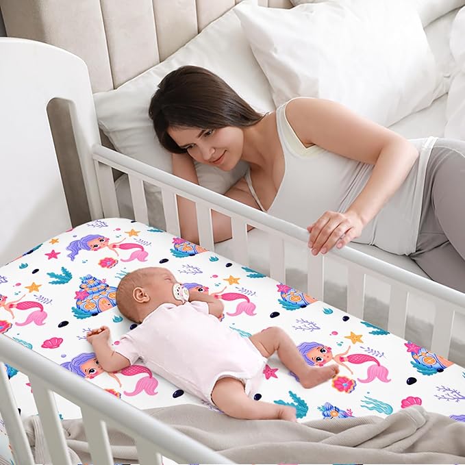 JISEN Baby Crib Sheets Soft Breathable Fitted Crib Sheets Baby Sheet for Standard Crib and Toddler Mattress Baby Bed Sheets for Crib for Baby Boys Girls Neutral 52x28 Inch White Mermaids