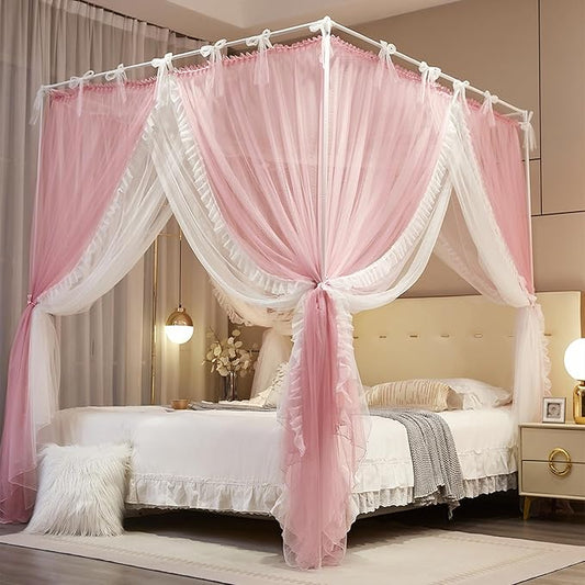 4 Corners Post Princess Curtain Bed Canopy Lace Up Double Layer 4 Opening Mosquito Net Mesh for Girls Bedroom Decoration(Pink/White, 53" W*78" L*82" H/Full)