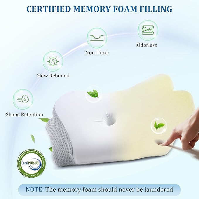 Cervical Pillow for Head & Neck Support - Memory Foam Cervical Neck Pillow with Two Height Levels, Washable Pillowcase, Ergonomic Pillows for Bed for Side Back Stomach Sleepers