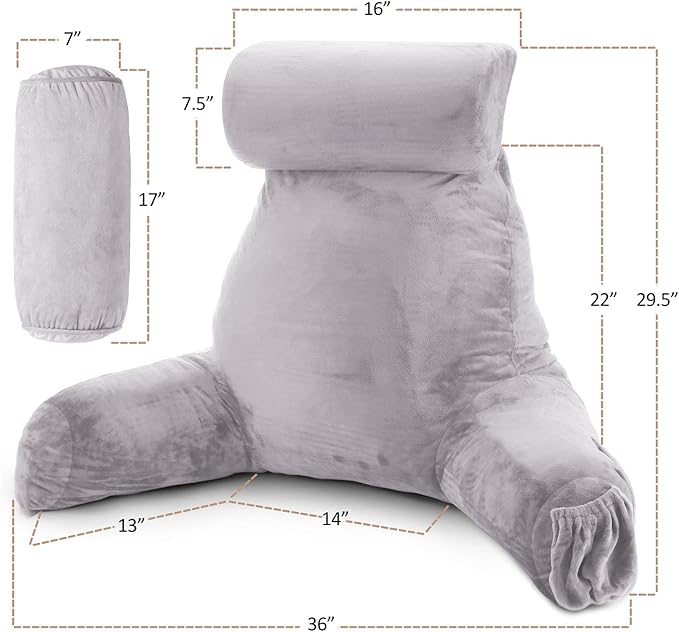 Nestl Reading Pillow Large Bed Pillow, Back Pillow for Sitting in Bed Shredded Memory Foam Chair Pillow, Reading & Bed Rest Pillows Grey Lavender Back Pillow for Bed, Bed Chair Arm Pillow with Pockets