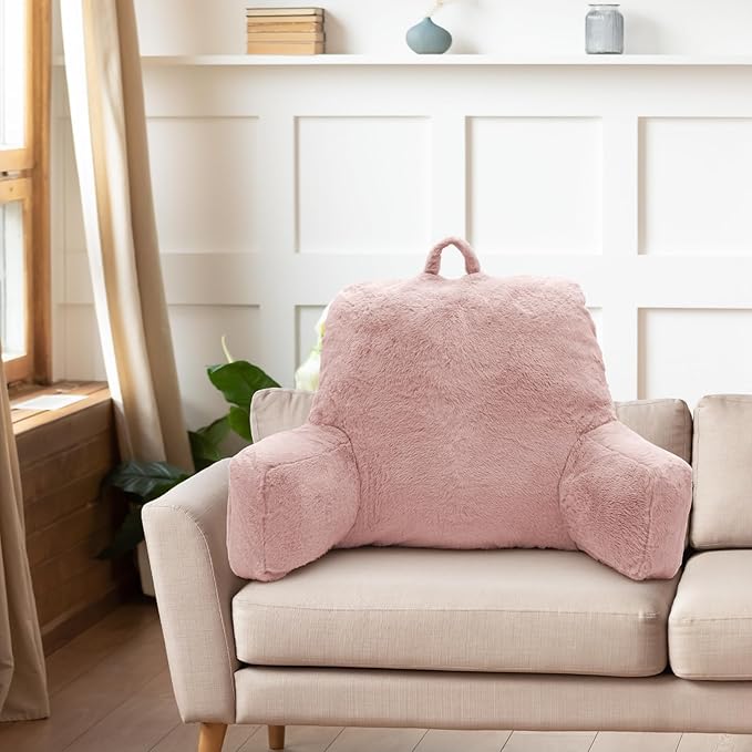 Reading Pillow Large Bed Pillow,Backrest with Arms, Back Support for Sitting Up in Bed, Couch for Lounging Bedrest,Pink