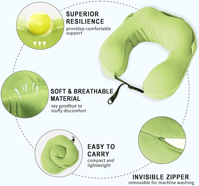 Travel Pillow with Hood for Airplane, 100% Pure Memory Foam Hooded Neck Pillow for Traveling, Car, Office, Soft, Machine Washable, Easy Storage, Green