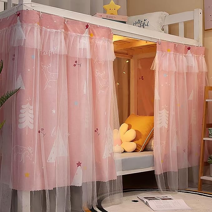 Beautiful Gauze Bunk Bed Curtains Drapes with Lace Privacy Bed Canopy for Bottom, 2 Panels, Forest