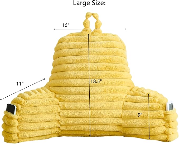 Faux Fur Fluffy Yellow Reading Pillow with Pockets, Luxury Striped Plush Decorative, Arm Rests and Back Surport for Bed Rest, Lounging on Sofa, Large