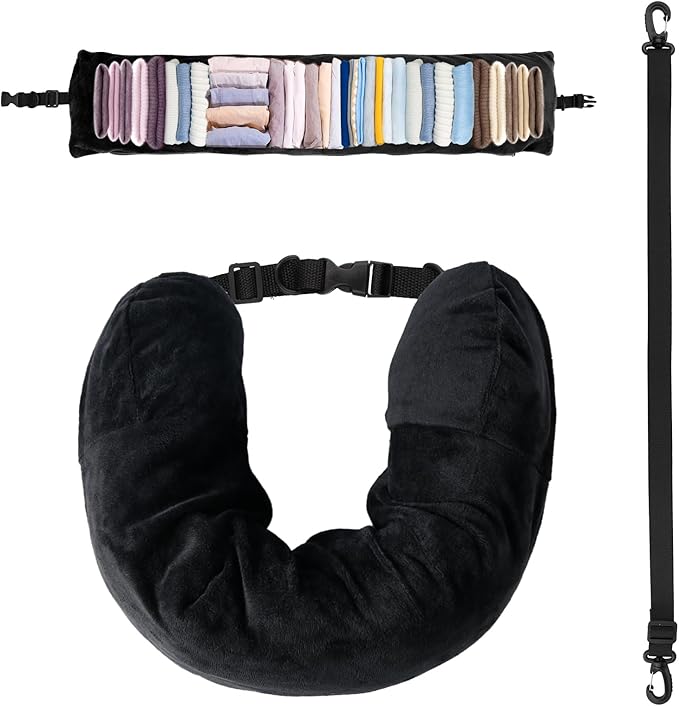 Stuffable Travel Pillow, 28x6.7 Inch Transformable Neck Pillow Plush Stuffable Storage Bag Neck Pillow with Clothes Adjustable U-Shape Pillow No Fillers for Travel (Black)