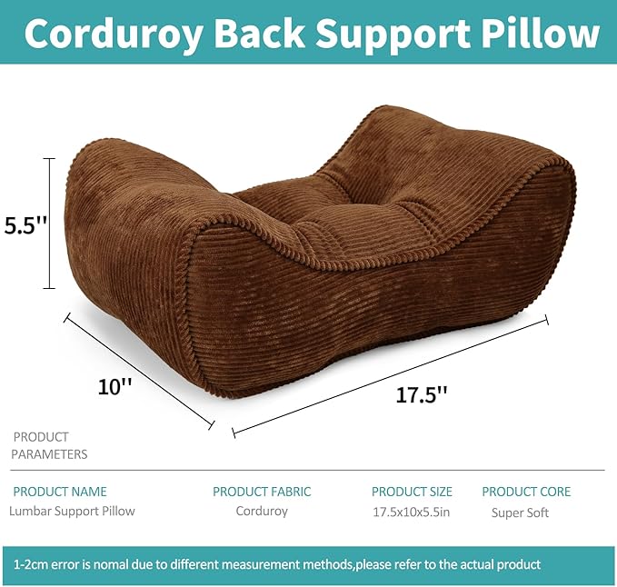 Lumbar Support Pillow for Office Chairs, Back Support Pillow for Lower Back Pain Relief, Soft & Good Support Corduroy Desk Lumbar Cushion, 17.5"x10"x5.5", Medium (Brown)