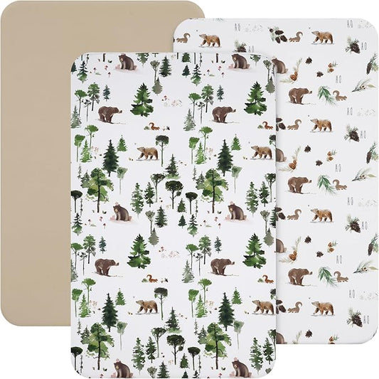 david's kids 3 Pack Mini Crib Sheets, Premium Pack N Play Sheets for Boys Girls Neutral, Soft Breathable Baby Sheets Fit Pack N Play, Playard and Mini Crib Mattresses, Woodland Animals