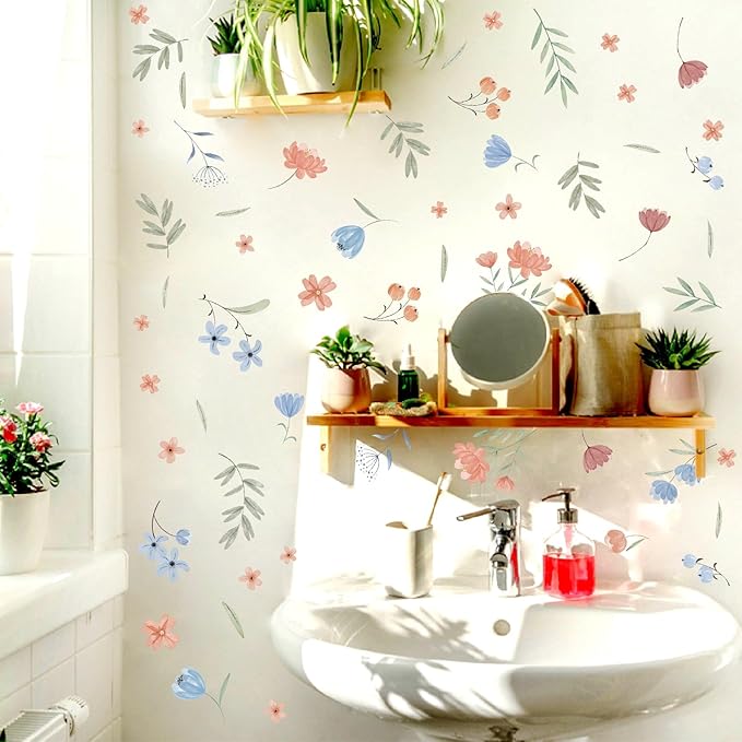 Boho Floral Wall Decals Small Flower Leaf Wall Stickers Watercolor Wildflower Botanical Plant Leaves Wall Stickers Removable Boho Flower Wall Decals for Nursery Kids Room Girls Bedroom Decor