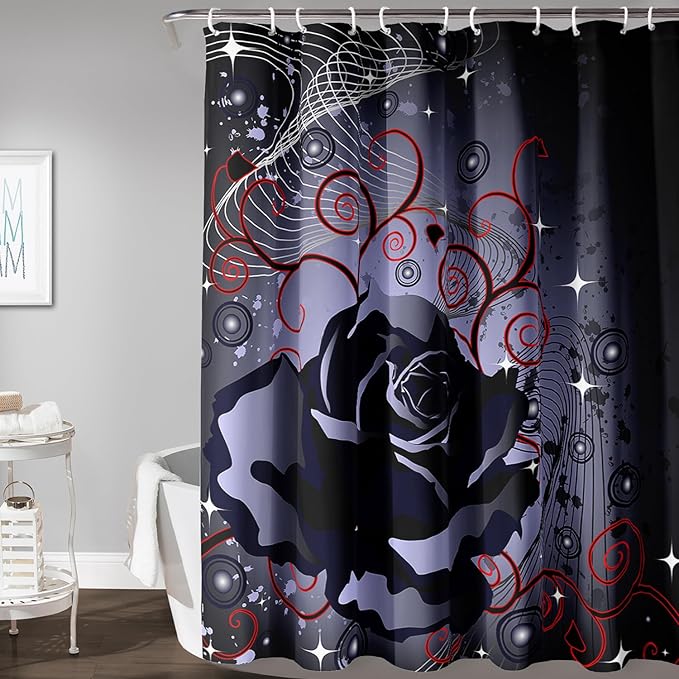 AILONEN Black Rose Shower Curtain for Women,Music Rose Bath Curtain for Bathroom Decor,Red and Black Art Polyester Waterproof for Girls with 12 Plastic Hooks,72" W*84" H Black