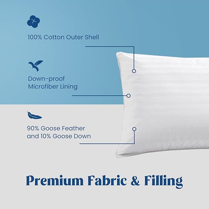 puredown Goose Feather Down Pillows, Bed Pillows for Sleeping with 2 Outer Protectors, Hotel King Pillows Set of 2 (Pack of 2)