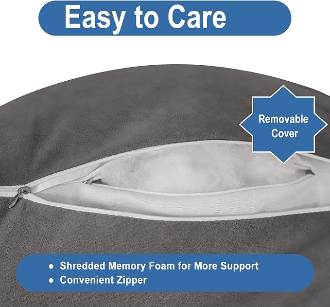 Reading Pillow for Bed Adult Size, Back Pillow for Sitting in Bed, Shredded Memory Foam Bed Chair Pillow with Arms, Pockets, Washable Cover (Dark Grey, Large)