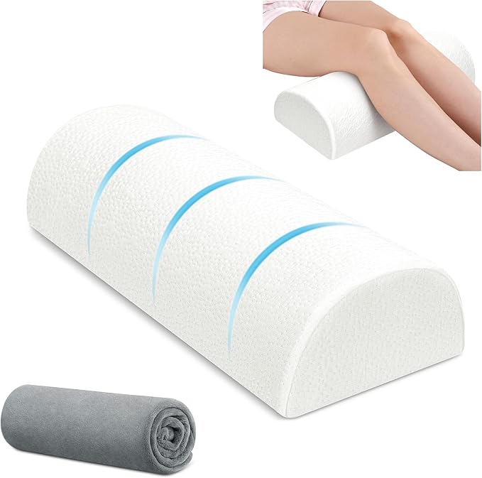 Knee Pillow for Side Sleepers Memory Foam Leg Pillows for Sleeping Yoga Bed Half Moon Bolster Pillow for Neck Pain Relief with 2 Pillowcases 20.5 x 8 x 4.5 Inches(White+Grey, Standard Size)