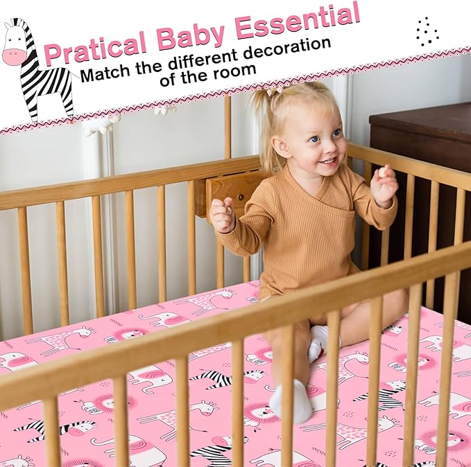 JISEN Baby Crib Sheets Soft Breathable Pink Fitted Crib Sheets Baby Sheet for Standard Crib and Toddler Mattress Baby Bed Sheets for Crib for Baby Boys Girls Neutral 52x28 Inch Elephant