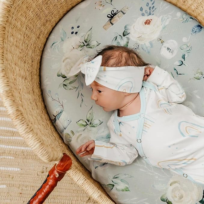 Stretchy Bassinet Mattress Sheets, Ultra Soft Bassinet Sheet 2 Pack, Universal Fitted for Oval Hourglass Rectangular Bassinet Mattress Pad Safe and Snug, Stylish Print Baby Sheets