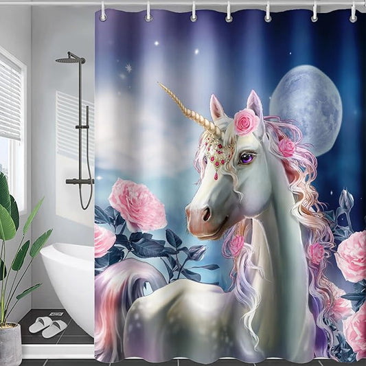AILONEN Dreamy Unicorn Shower Curtain, Oil Painting Rose Waterproof Shower Curtain,3D Moon and Stars Girls Cloth Bath Curtain Set for Kids Teens Adults,36" W*72" H