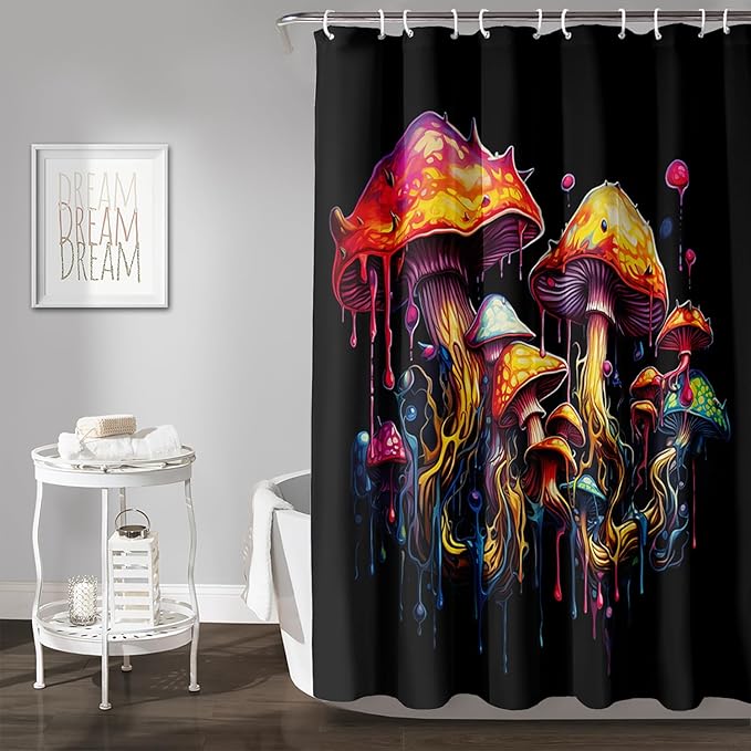 AILONEN Mushroom Shower Curtain,Oil Painting Mushroom Bath Curtain,Cartoon Mushroom Magic Fungus Print Black Waterproof Shower Curtain with 12 Plastic Hooks, 60" W x 72" H