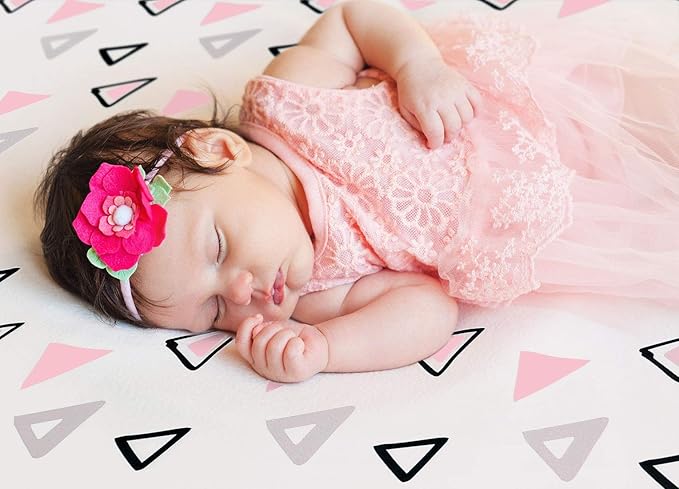 Stretchy Ultra Soft Jersey Knit Fitted Pack n Play Playard Sheets Set 2 Pack, Fits Portable/Mini Cribs Sheets, Playards Mattress Pads, Pink Simple Triangle/Dream Unicorn for Girls