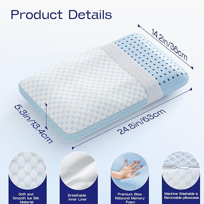 Memory Foam Soft Pillows for Sleeping - Cooling Bed Pillows for Hot Sleepers with Machine Washable Pillowcase - Ergonomic Memory Foam Pillow for Back Side Stomach Sleepers (Blue)