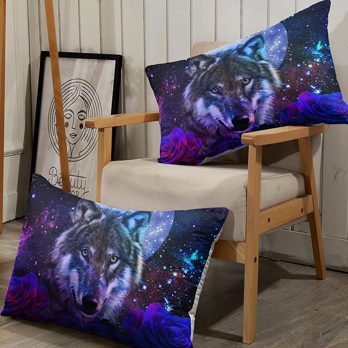 AILONEN Wolf Print Fitted Sheet Set Twin Size, Moon Galaxy Wolf Bed Sheet Set Twin,3 Pieces Twin Romantic Blue Rose Wolf Fitted Sheet with 2 Pillowcases