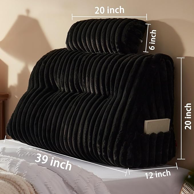 Faux Fur Headboard Pillow with 2 Pack Neck Roll Pillow Large Headboard Pillow Soft and Supportive with Removable Cover (Black, Twin)