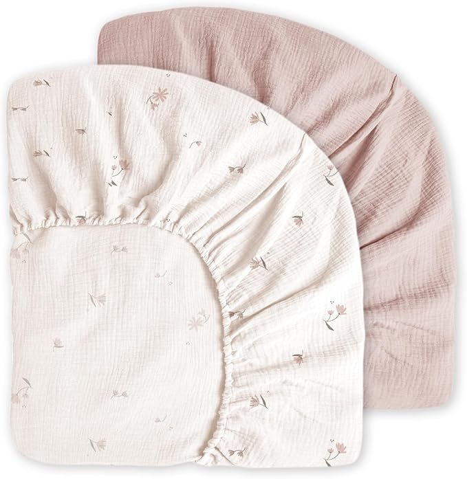 Muslin Crib Sheets, 2pk Neutral Fitted Baby Toddler Bed Sheets for Standard Crib Mattress & Toddler Bed Mattress, 28 x 52 inches, Fog Flower