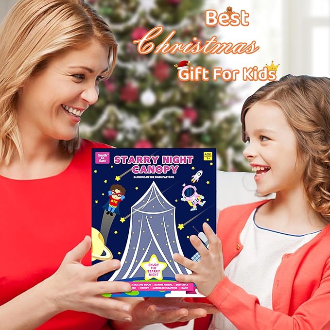 South to East Bed Canopy for Girls with Glowing Butterfly in The Dark, Beige Princess Bed Curtains for Girls Bed, Kids Bed & Toddler Bed, Twin, Full & Queen Bed, Mosquito Net Canopy for Girls Bedroom